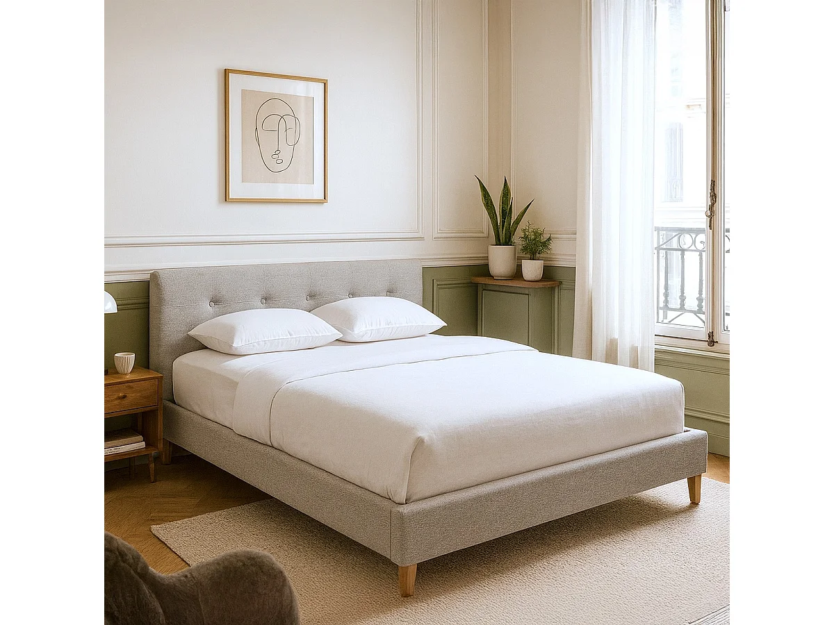 Lit adulte 160x200 cm avec tête de lit capitonnée en tissu gris chiné - Milo