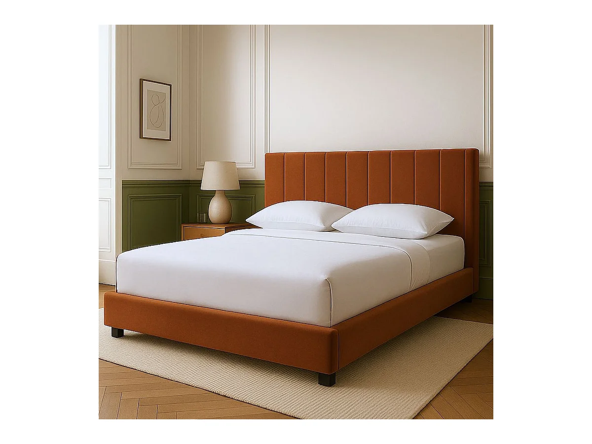 Lit adulte 140x190 cm avec tête de lit capitonnée en velours terracotta - William