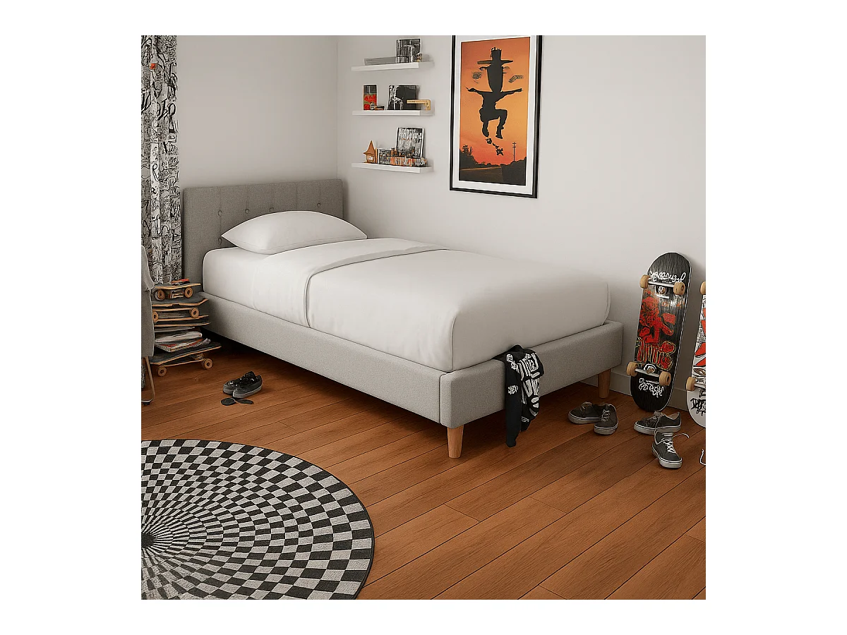 Lit adulte 90x190 cm avec tête de lit capitonnée en tissu gris chiné - Milo