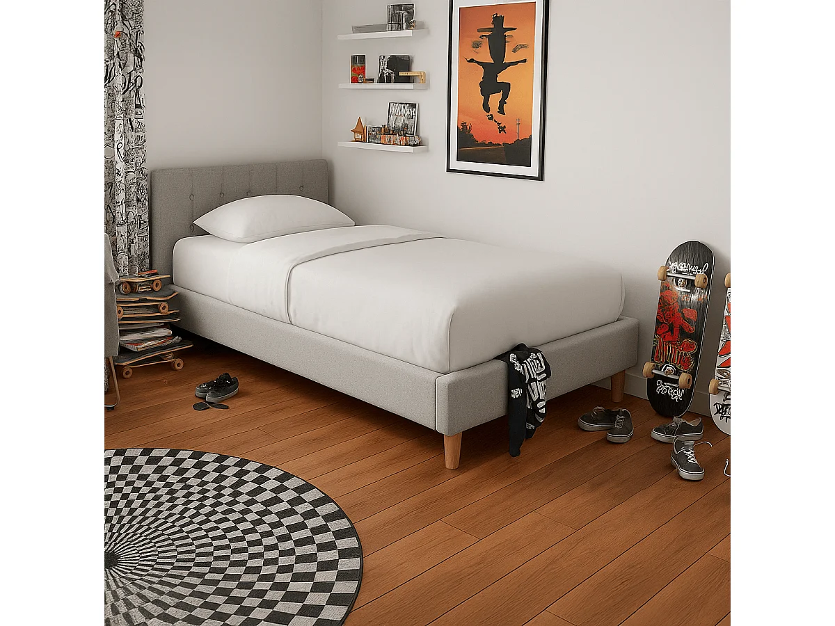 Lit adulte 90x190 cm avec tête de lit capitonnée en tissu gris chiné - Milo