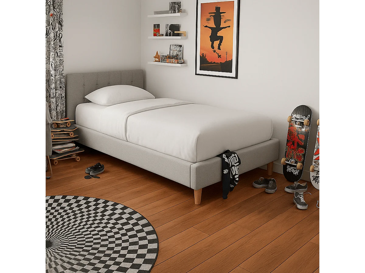 Lit adulte 90x190 cm avec tête de lit capitonnée en tissu gris chiné - Milo