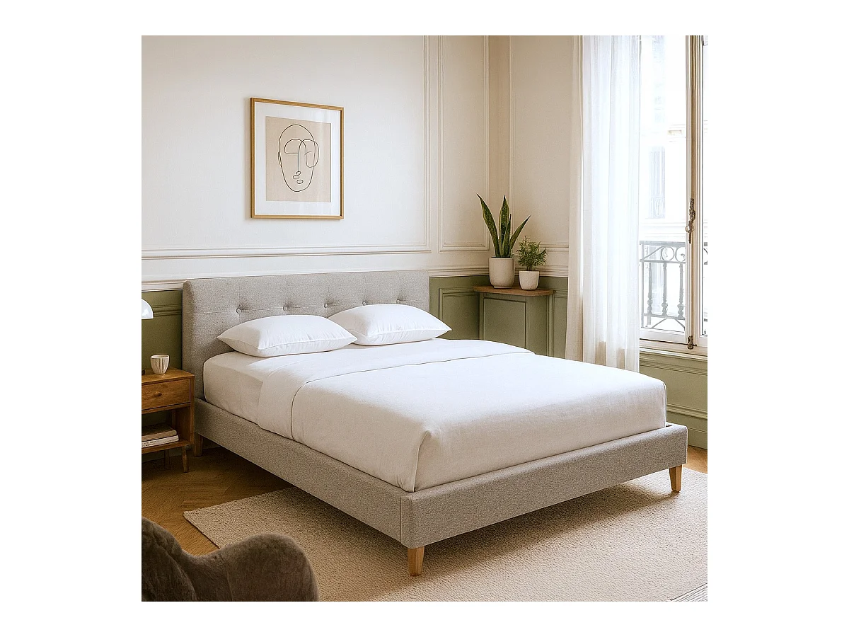 Lit adulte 140x190 cm avec tête de lit capitonnée en tissu gris chiné - Milo