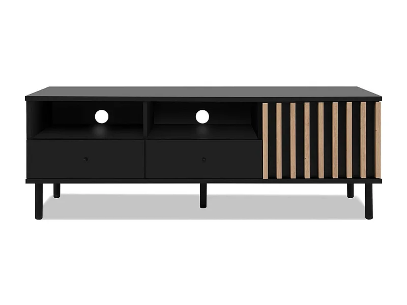Meuble TV 1 porte, 2 tiroirs, 2 niches noir et effet chêne - Morgan
