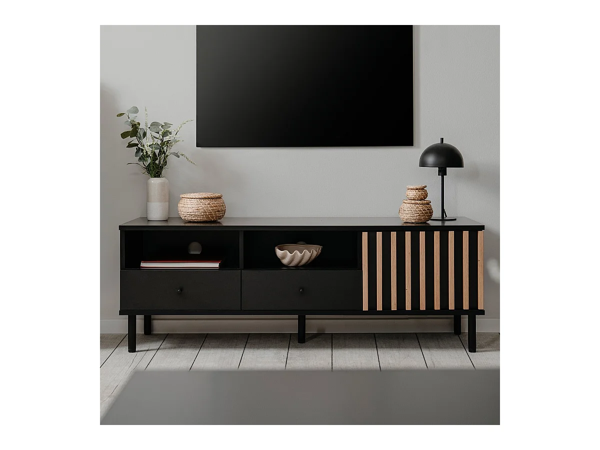 Meuble TV 1 porte, 2 tiroirs, 2 niches noir et effet chêne - Morgan