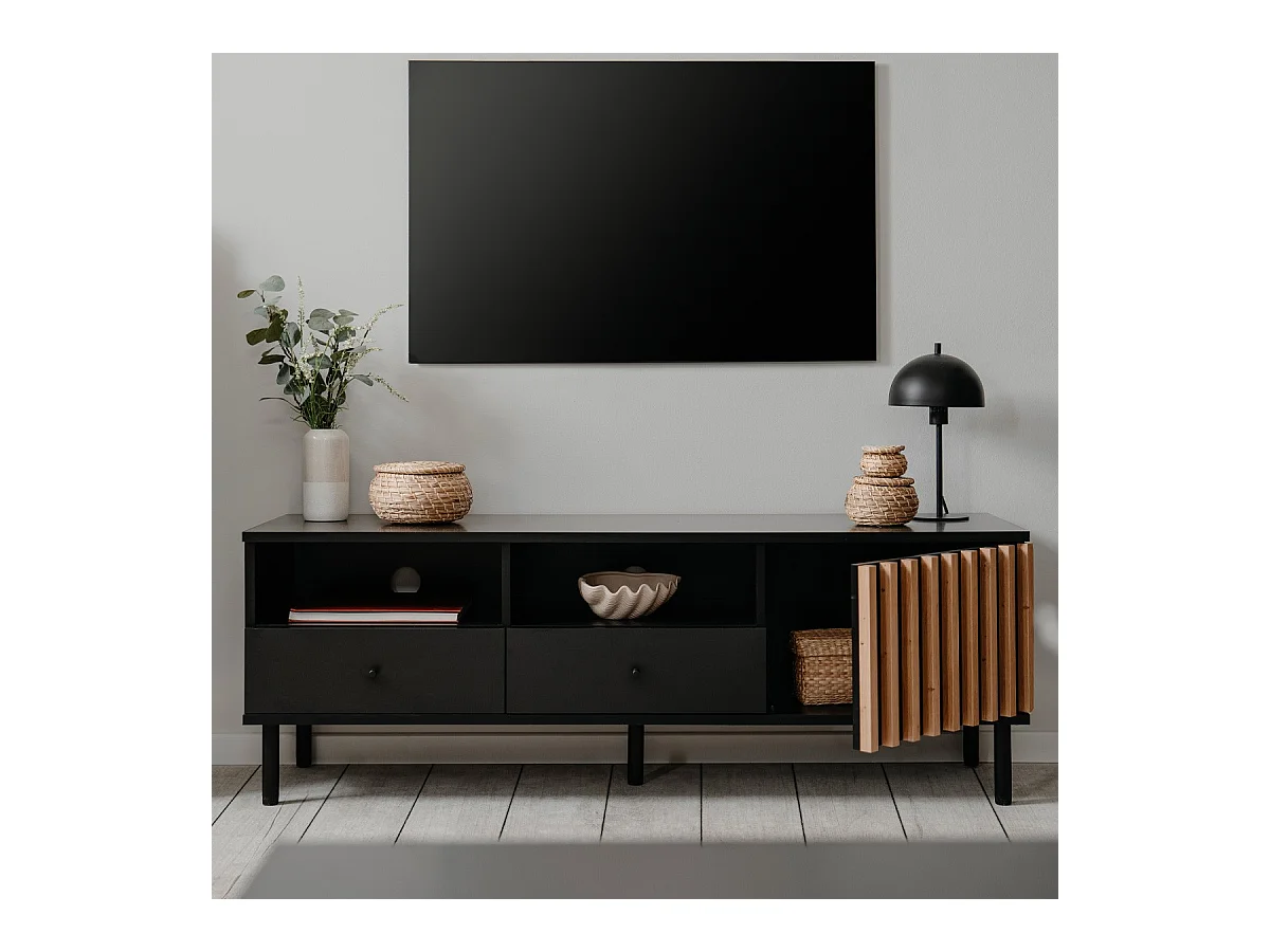Meuble TV 1 porte, 2 tiroirs, 2 niches noir et effet chêne - Morgan