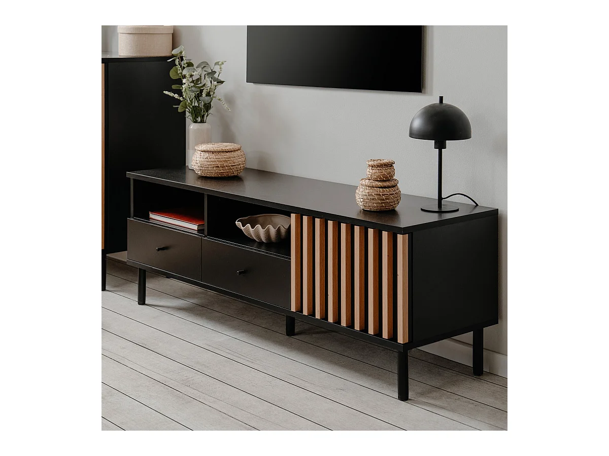 Meuble TV 1 porte, 2 tiroirs, 2 niches noir et effet chêne - Morgan