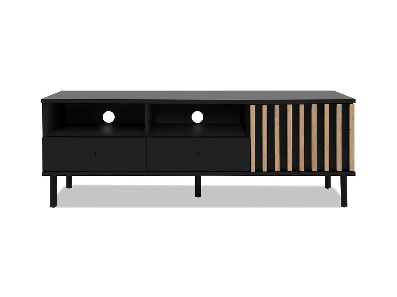Meuble TV 1 porte, 2 tiroirs, 2 niches noir et effet chêne - Morgan