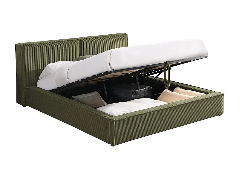 Lit coffre adulte 140x190 cm avec sommier et tête de lit matelassée en velours côtelé vert kaki - Arno