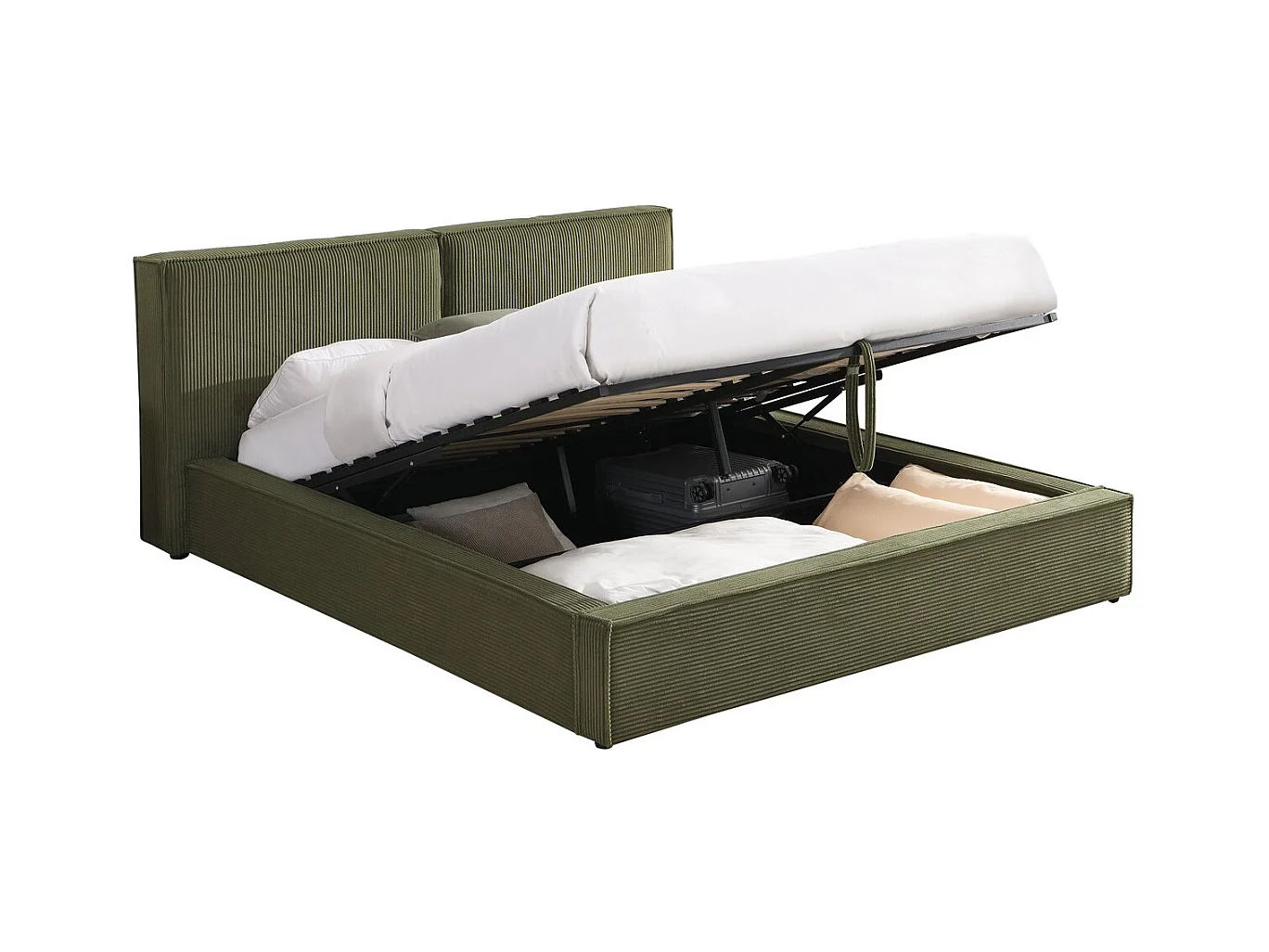 Lit coffre adulte 140x190 cm avec sommier et tête de lit matelassée en velours côtelé vert kaki - Arno