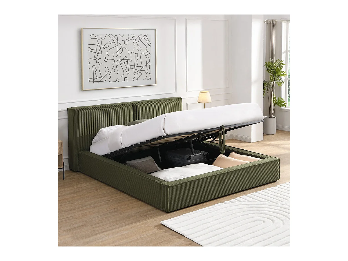 Lit coffre adulte 140x190 cm avec sommier et tête de lit matelassée en velours côtelé vert kaki - Arno