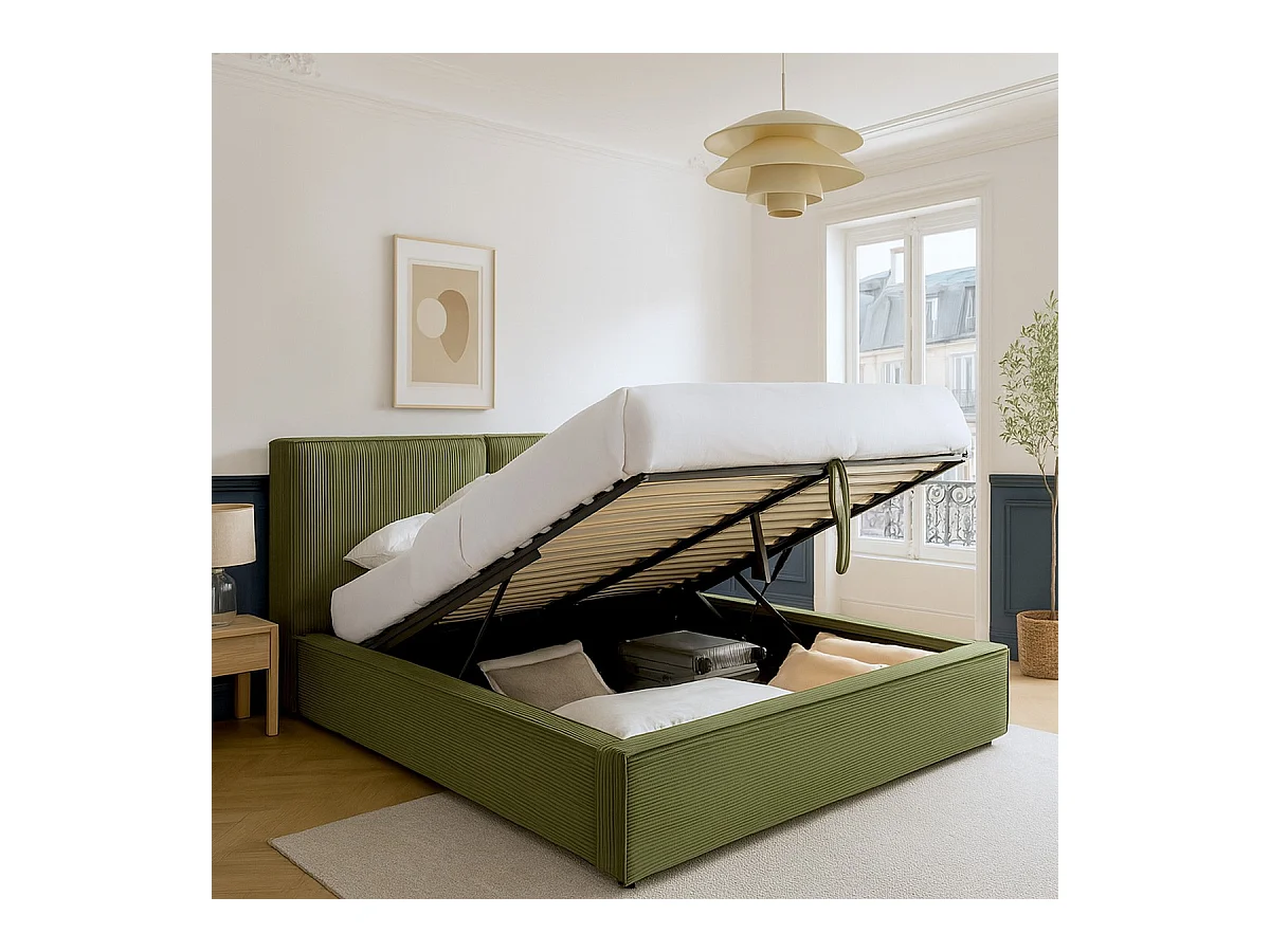 Lit coffre adulte 140x190 cm avec sommier et tête de lit matelassée en velours côtelé vert kaki - Arno