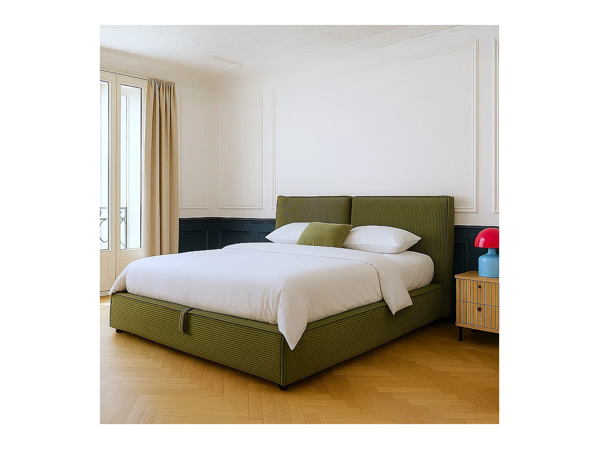 Lit coffre adulte 140x190 cm avec sommier et tête de lit matelassée en velours côtelé vert kaki - Arno