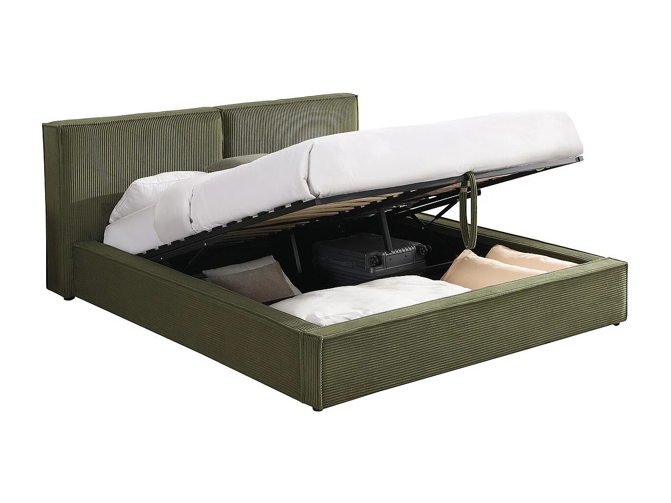 Lit coffre adulte 140x190 cm avec sommier et tête de lit matelassée en velours côtelé vert kaki - Arno
