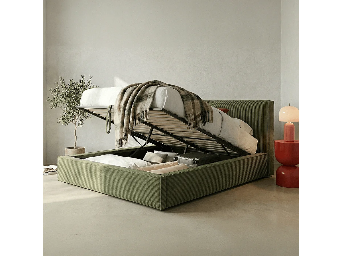 Lit coffre adulte 140x190 cm avec sommier et tête de lit matelassée en velours côtelé vert kaki - Arno