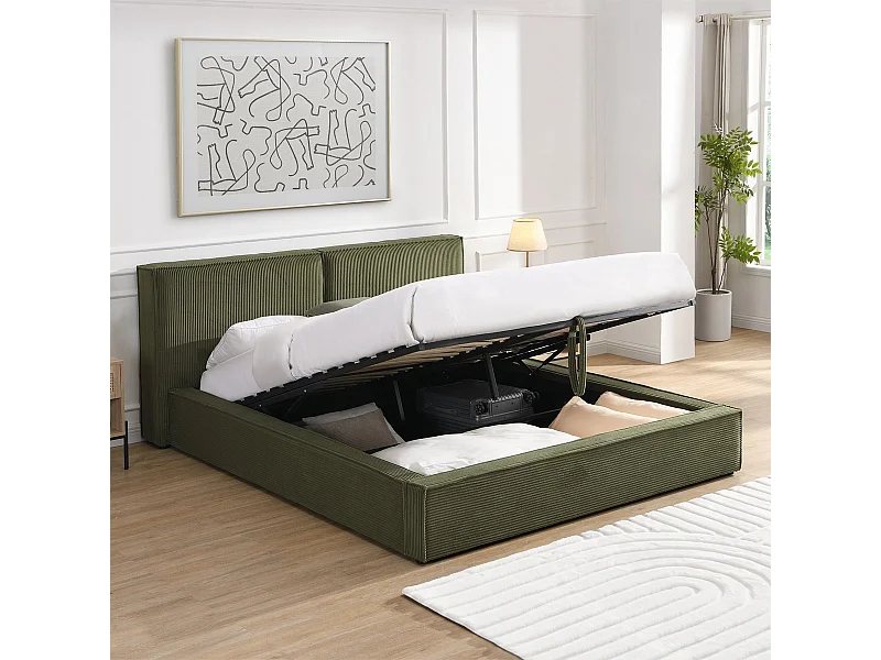 Lit coffre adulte 140x190 cm avec sommier et tête de lit matelassée en velours côtelé vert kaki - Arno