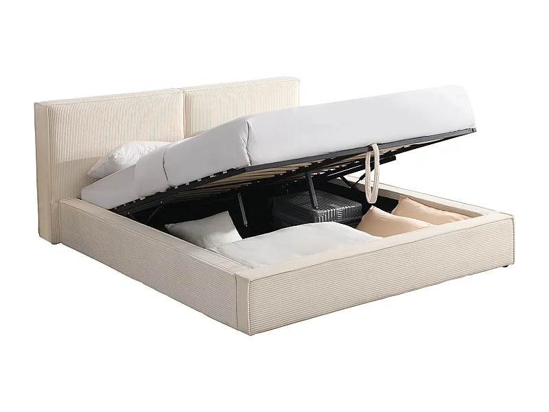 Lit coffre adulte 140x190 cm avec sommier et tête de lit matelassée en velours côtelé beige - Arno