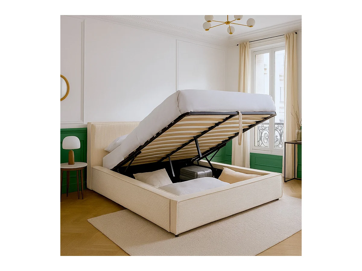 Lit coffre adulte 140x190 cm avec sommier et tête de lit matelassée en velours côtelé beige - Arno