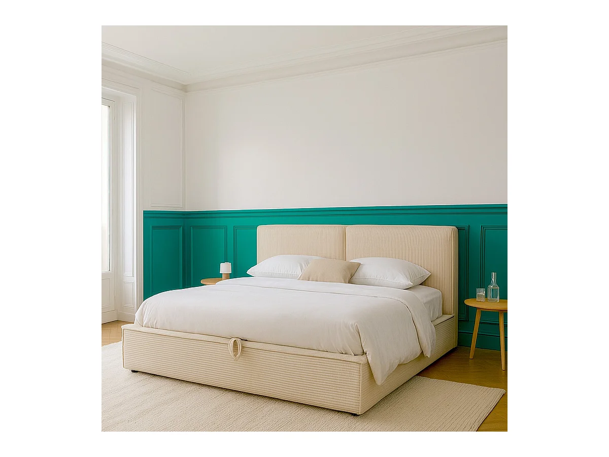 Lit coffre adulte 140x190 cm avec sommier et tête de lit matelassée en velours côtelé beige - Arno