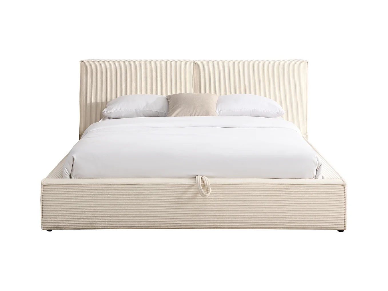 Lit coffre adulte 140x190 cm avec sommier et tête de lit matelassée en velours côtelé beige - Arno
