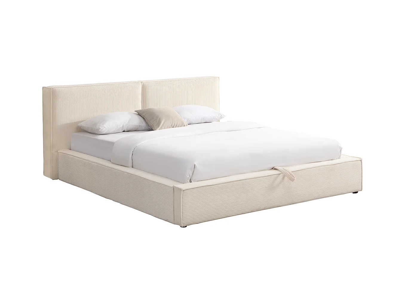Lit coffre adulte 140x190 cm avec sommier et tête de lit matelassée en velours côtelé beige - Arno