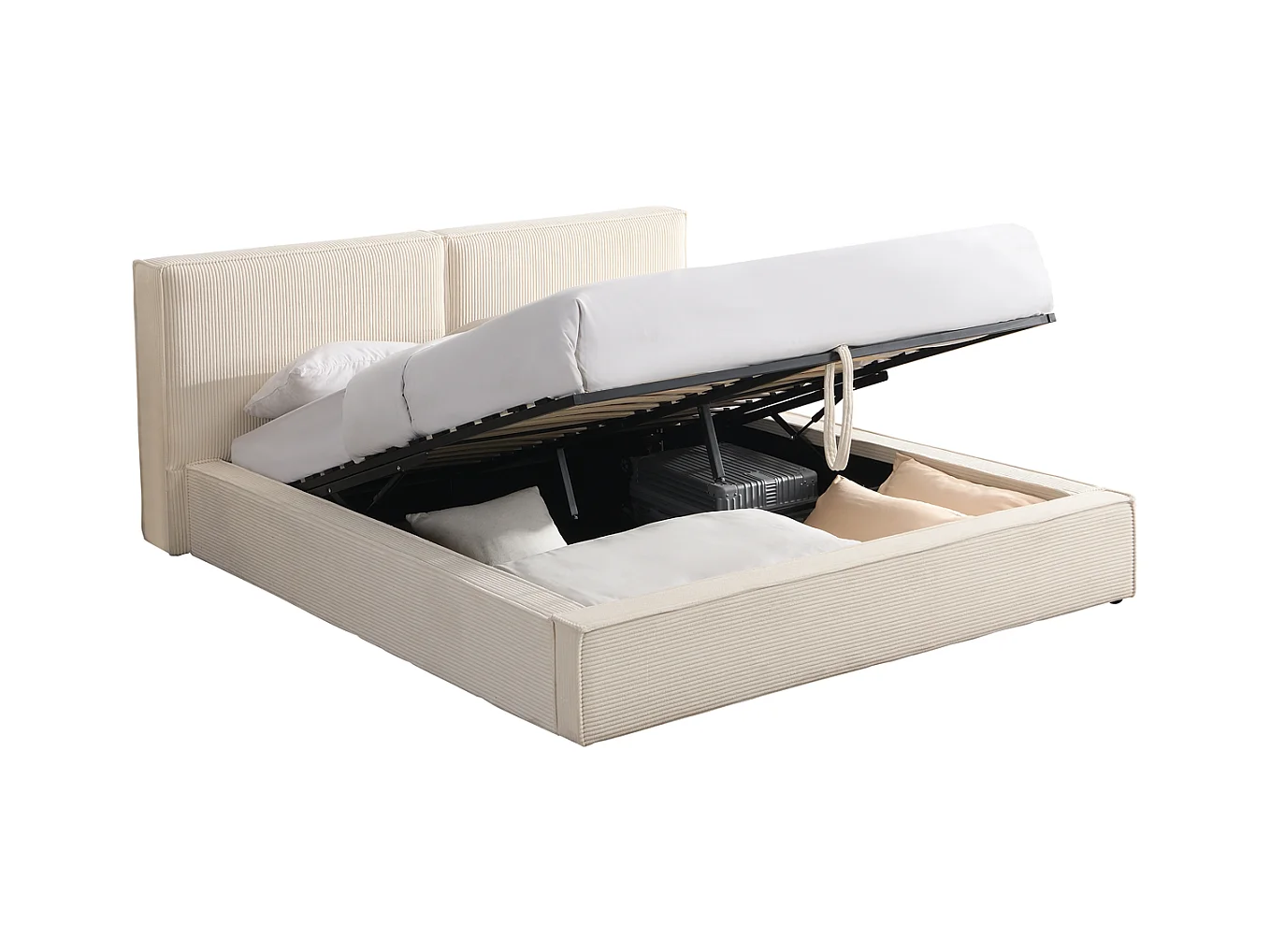 Lit coffre adulte 140x190 cm avec sommier et tête de lit matelassée en velours côtelé beige - Arno