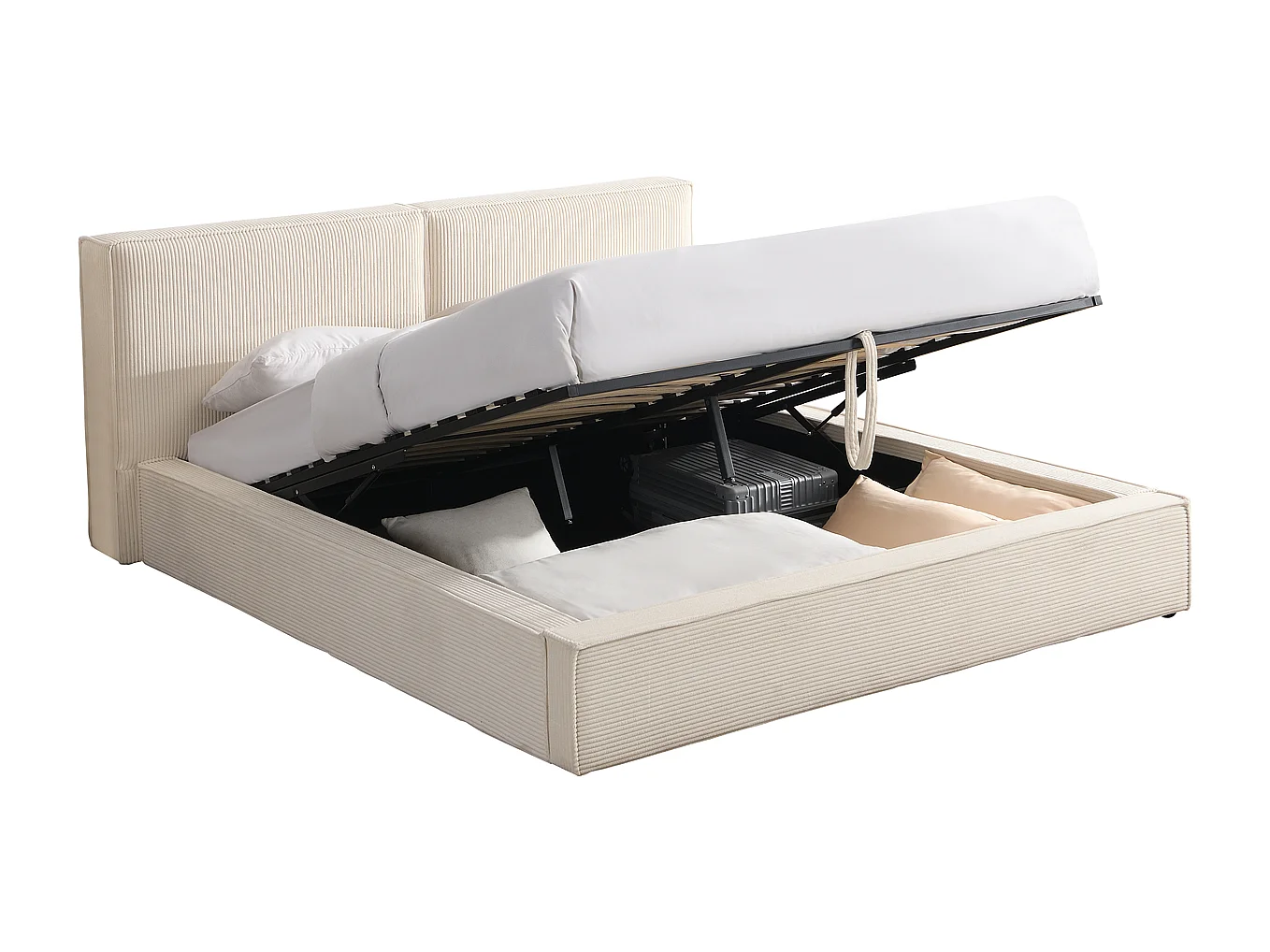 Lit coffre adulte 140x190 cm avec sommier et tête de lit matelassée en velours côtelé beige - Arno