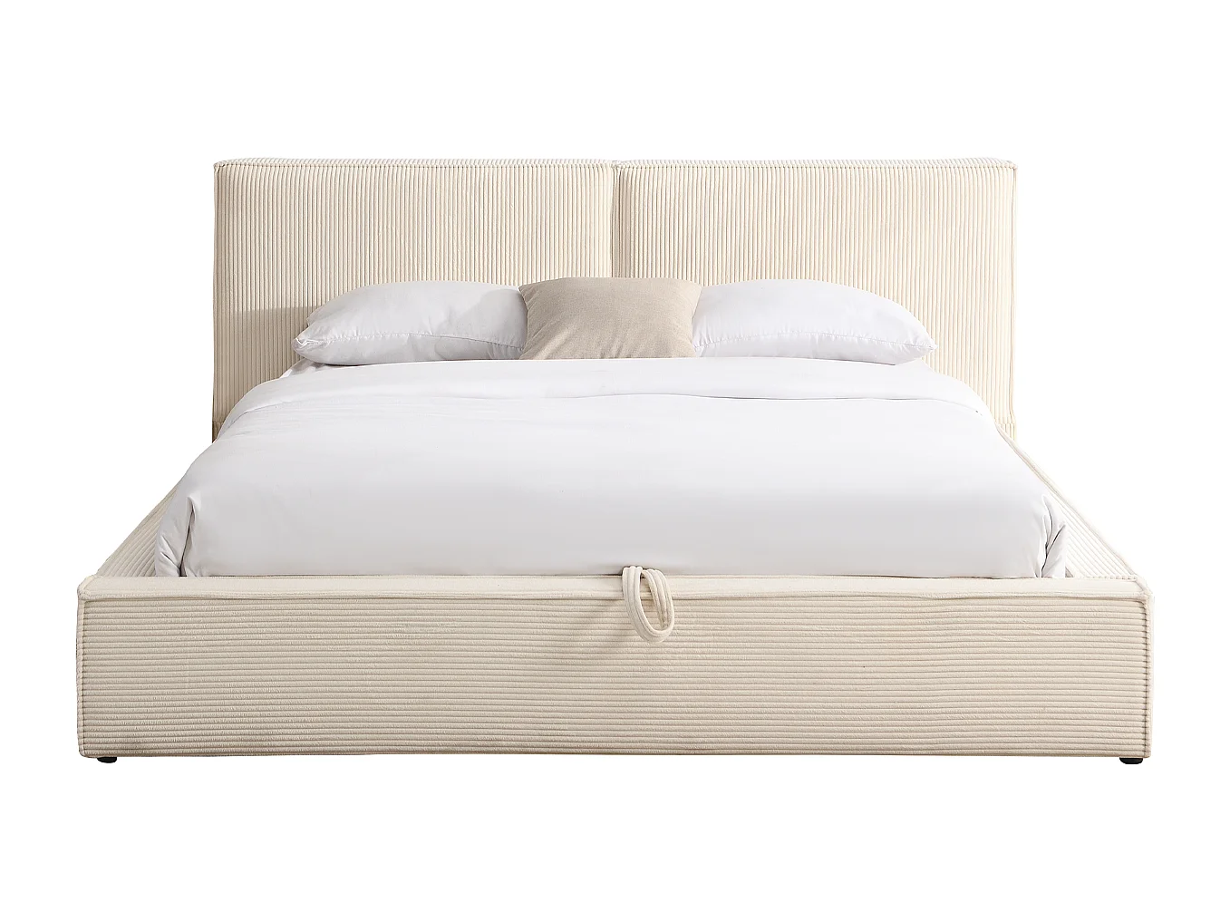 Lit coffre adulte 140x190 cm avec sommier et tête de lit matelassée en velours côtelé beige - Arno