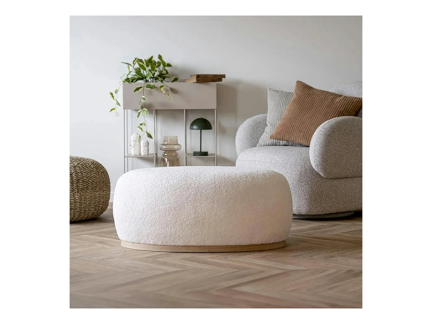 Pouf blanc forme organique sur base en bois BRUGES