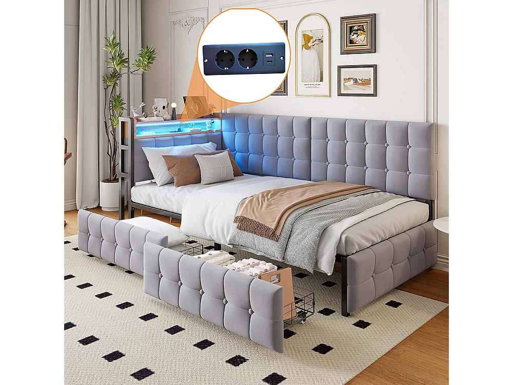 lit avec rangement lit simple 90x200 avec 2 tiroirs et lampe de chevet LED connexion USB et Type-C couleur gris clair