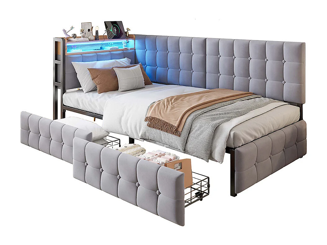 lit avec rangement lit simple 90x200 avec 2 tiroirs et lampe de chevet LED connexion USB et Type-C couleur gris clair