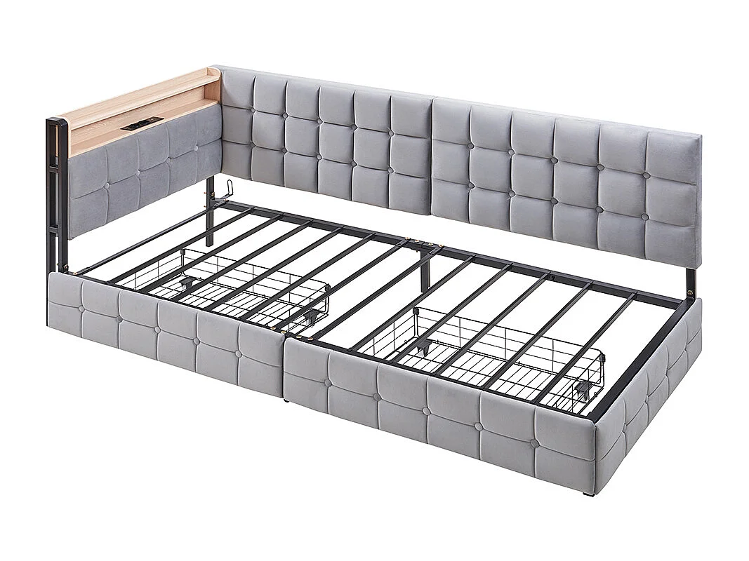 lit avec rangement lit simple 90x200 avec 2 tiroirs et lampe de chevet LED connexion USB et Type-C couleur gris clair