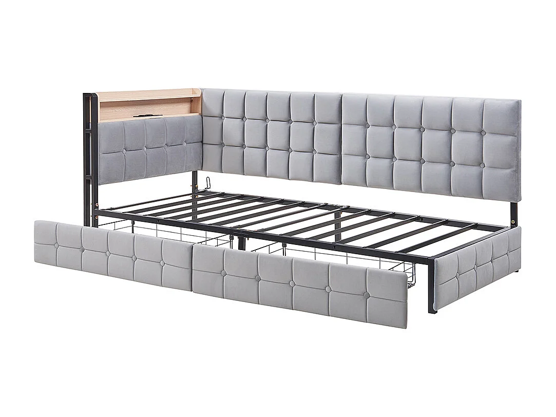 lit avec rangement lit simple 90x200 avec 2 tiroirs et lampe de chevet LED connexion USB et Type-C couleur gris clair