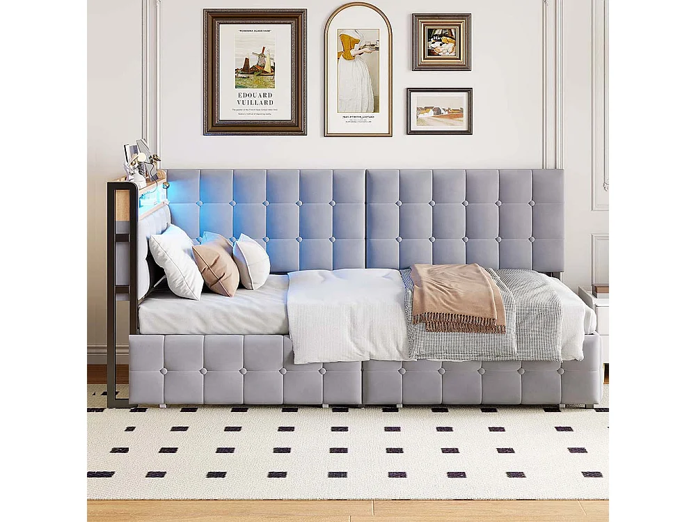 lit avec rangement lit simple 90x200 avec 2 tiroirs et lampe de chevet LED connexion USB et Type-C couleur gris clair