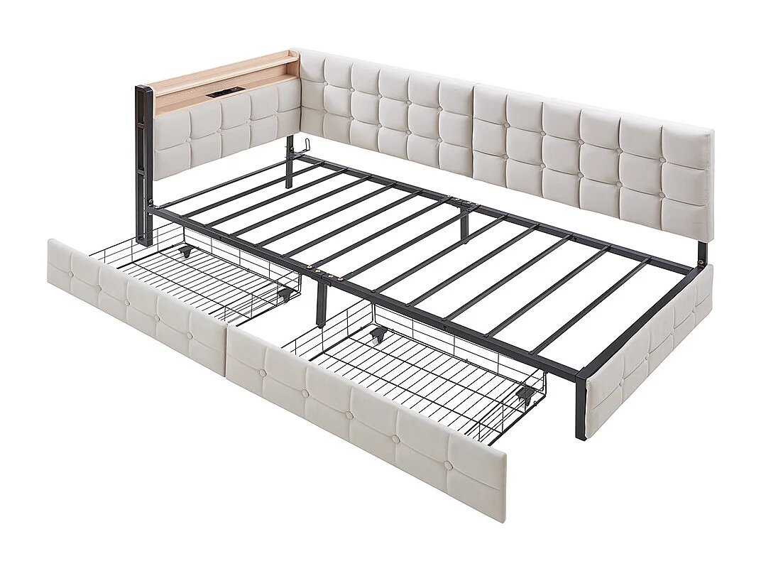 lit avec rangement lit simple 90x200 avec 2 tiroirs et lampe de chevet LED connexion USB et Type-C couleur beige