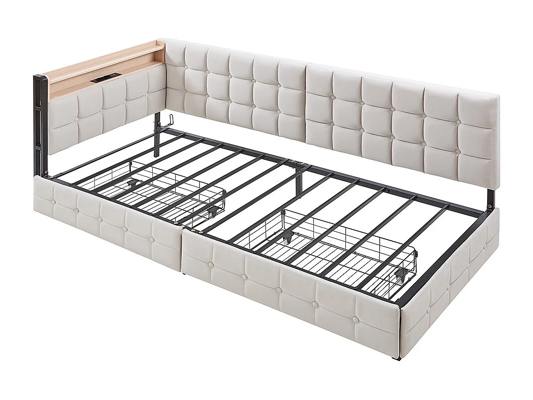 lit avec rangement lit simple 90x200 avec 2 tiroirs et lampe de chevet LED connexion USB et Type-C couleur beige