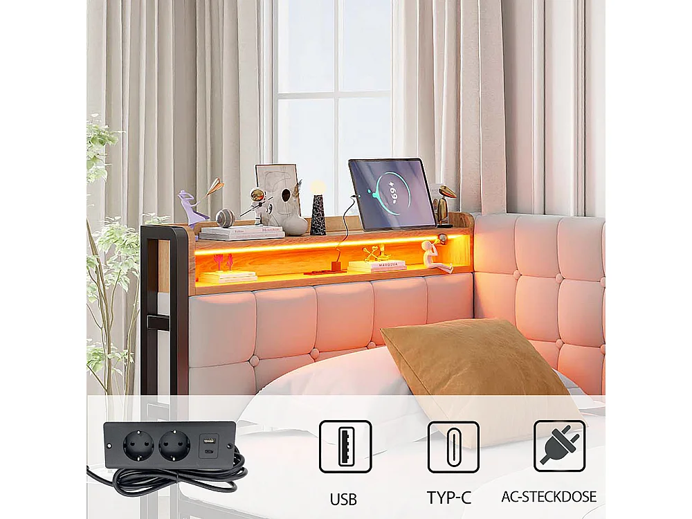 lit avec rangement lit simple 90x200 avec 2 tiroirs et lampe de chevet LED connexion USB et Type-C couleur beige