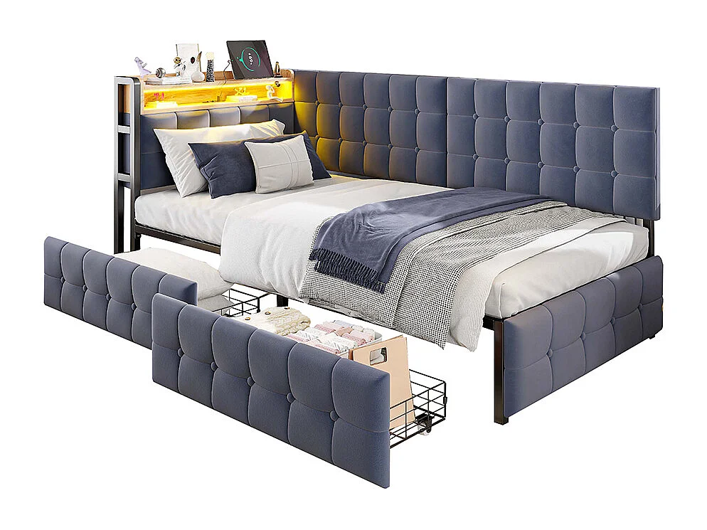 lit avec rangement lit simple 90x200 avec 2 tiroirs et lampe de chevet LED connexion USB et Type-C couleur gris foncé