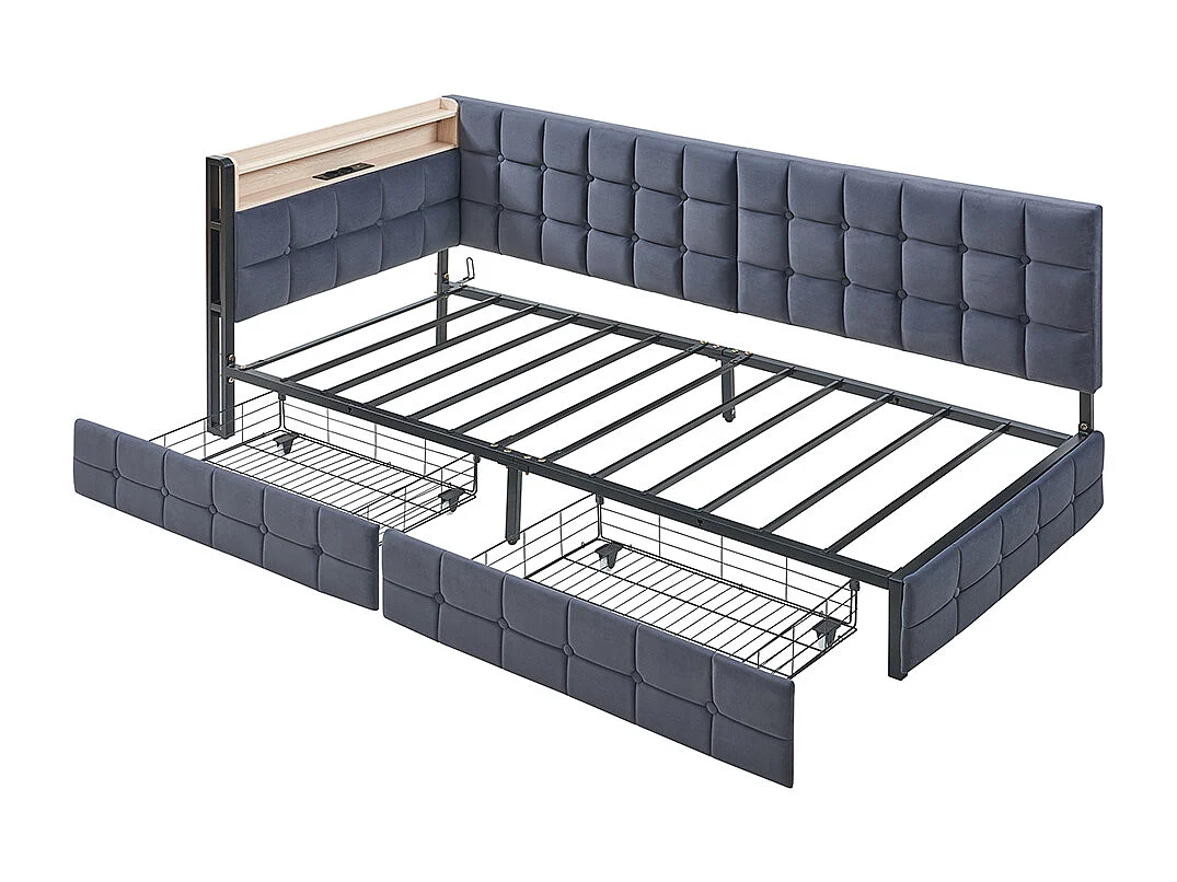 lit avec rangement lit simple 90x200 avec 2 tiroirs et lampe de chevet LED connexion USB et Type-C couleur gris foncé