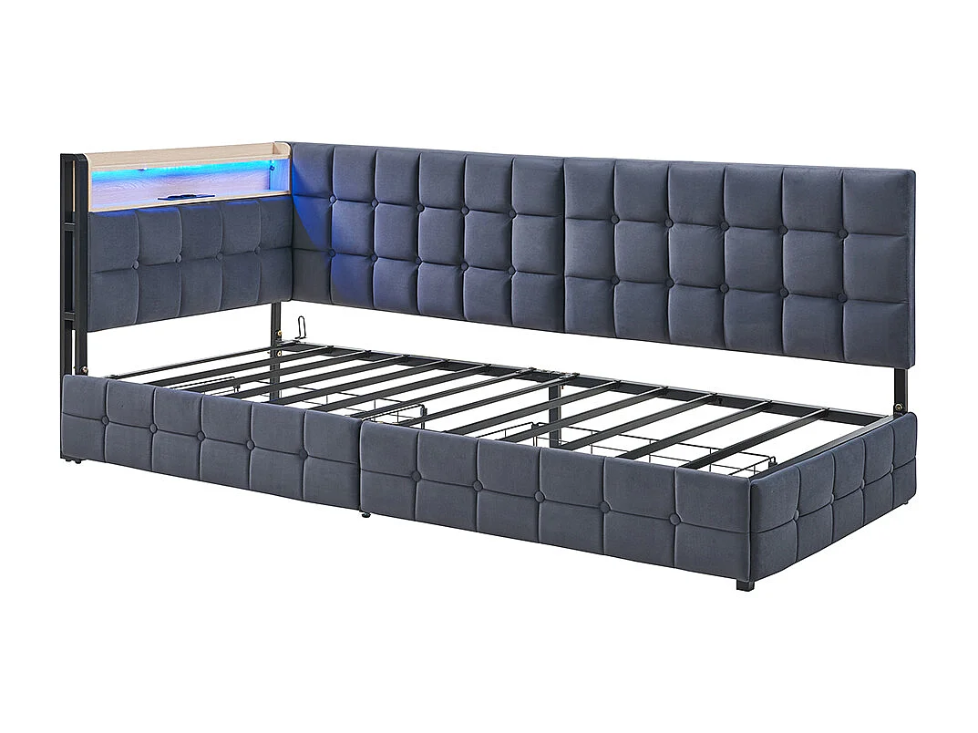 lit avec rangement lit simple 90x200 avec 2 tiroirs et lampe de chevet LED connexion USB et Type-C couleur gris foncé