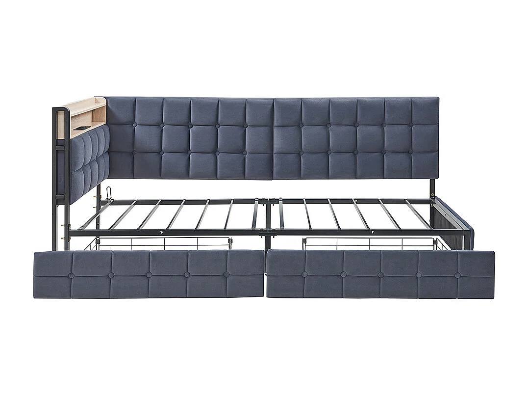 lit avec rangement lit simple 90x200 avec 2 tiroirs et lampe de chevet LED connexion USB et Type-C couleur gris foncé