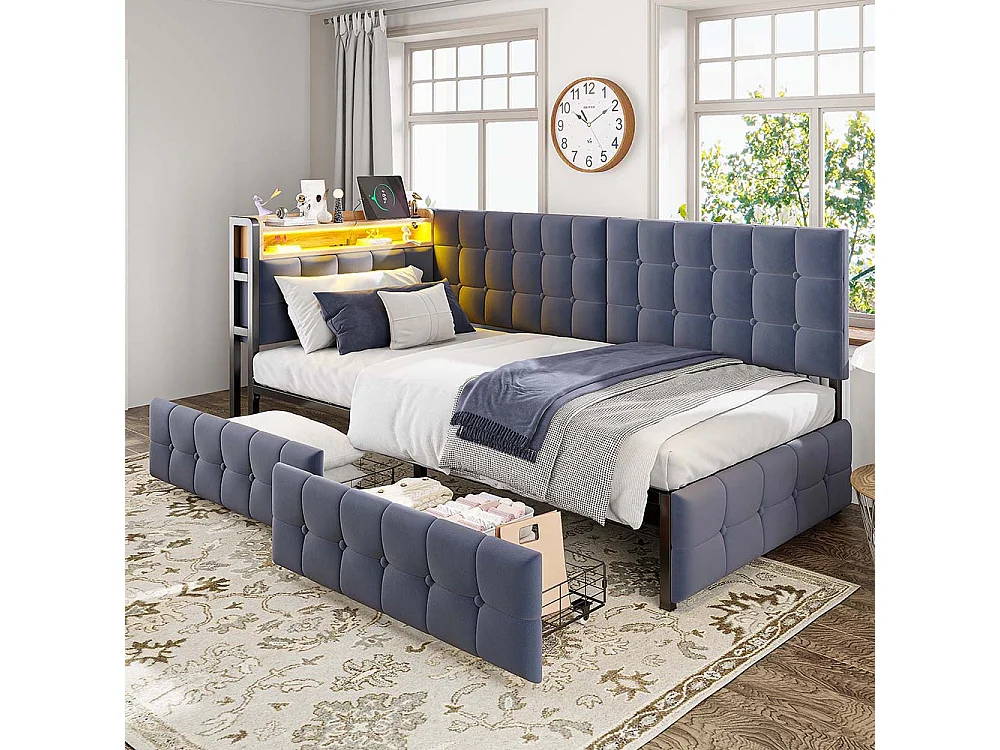 lit avec rangement lit simple 90x200 avec 2 tiroirs et lampe de chevet LED connexion USB et Type-C couleur gris foncé