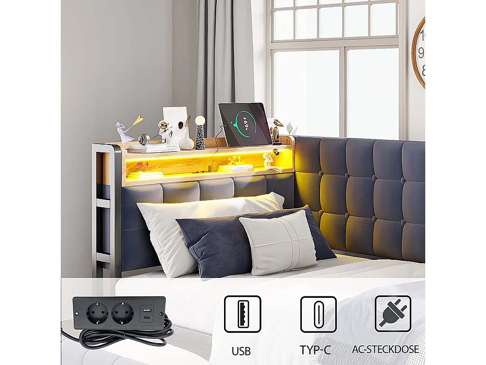 lit avec rangement lit simple 90x200 avec 2 tiroirs et lampe de chevet LED connexion USB et Type-C couleur gris foncé