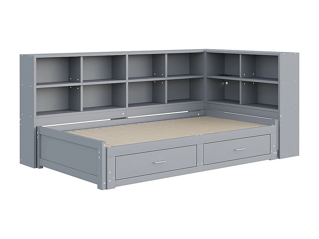 lit avec rangement 90/180x190 cm avec lit gigogne avec compartiment de rangement prise euro multifonctionnelle tiroirs couleur gris