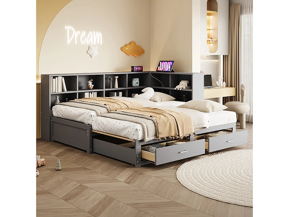 lit avec rangement 90/180x190 cm avec lit gigogne avec compartiment de rangement prise euro multifonctionnelle tiroirs couleur gris