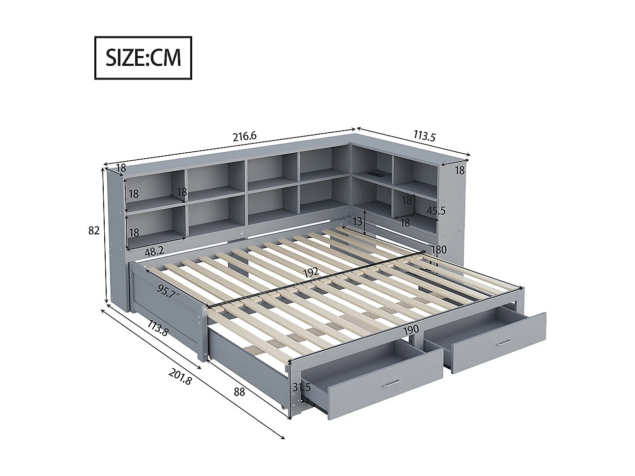 lit avec rangement 90/180x190 cm avec lit gigogne avec compartiment de rangement prise euro multifonctionnelle tiroirs couleur gris