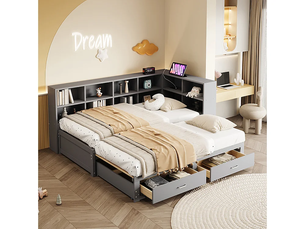 lit avec rangement 90/180x190 cm avec lit gigogne avec compartiment de rangement prise euro multifonctionnelle tiroirs couleur gris