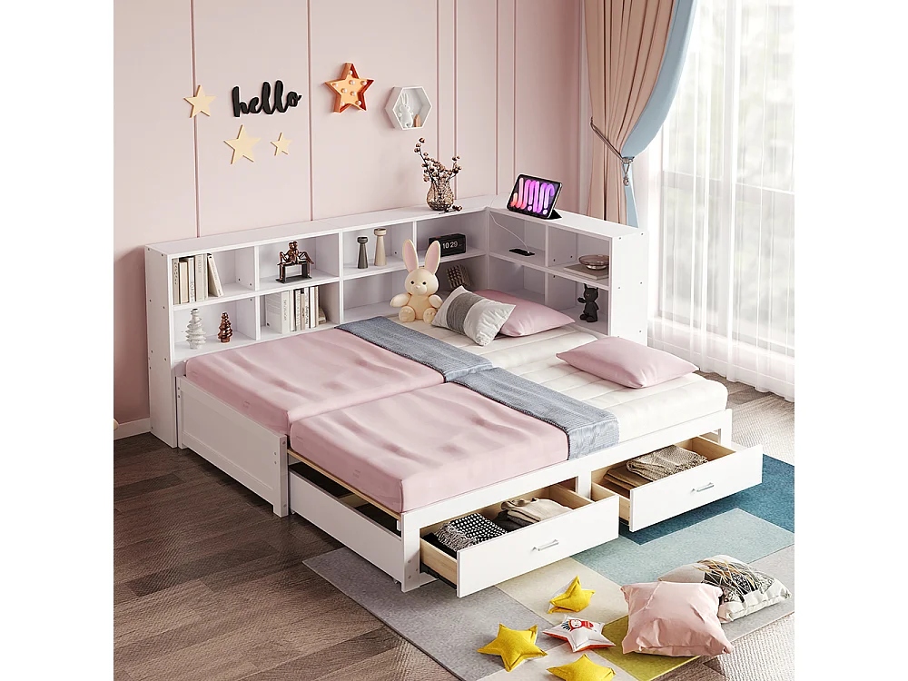 lit avec rangement 90/180x190 cm avec lit gigogne avec compartiment de rangement prise euro multifonctionnelle tiroirs couleur blanc