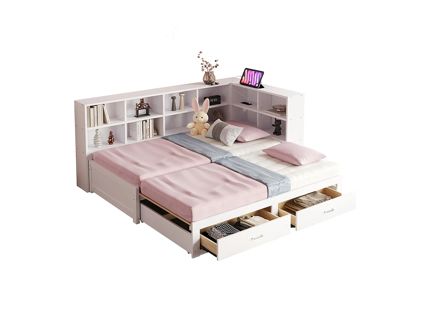 lit avec rangement 90/180x190 cm avec lit gigogne avec compartiment de rangement prise euro multifonctionnelle tiroirs couleur blanc