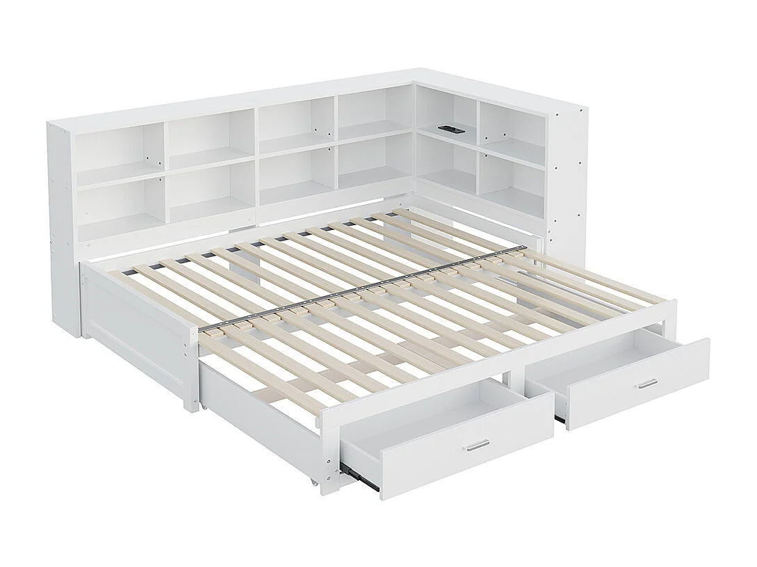 lit avec rangement 90/180x190 cm avec lit gigogne avec compartiment de rangement prise euro multifonctionnelle tiroirs couleur blanc