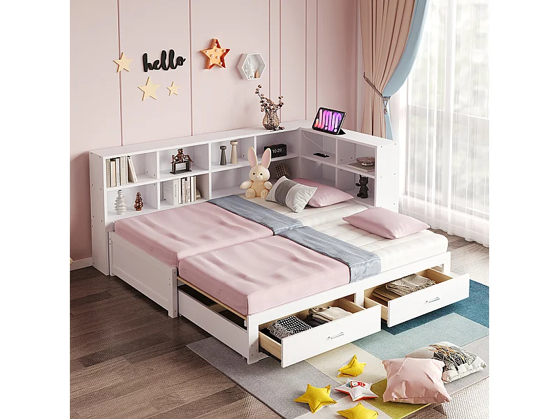 lit avec rangement 90/180x190 cm avec lit gigogne avec compartiment de rangement prise euro multifonctionnelle tiroirs couleur blanc